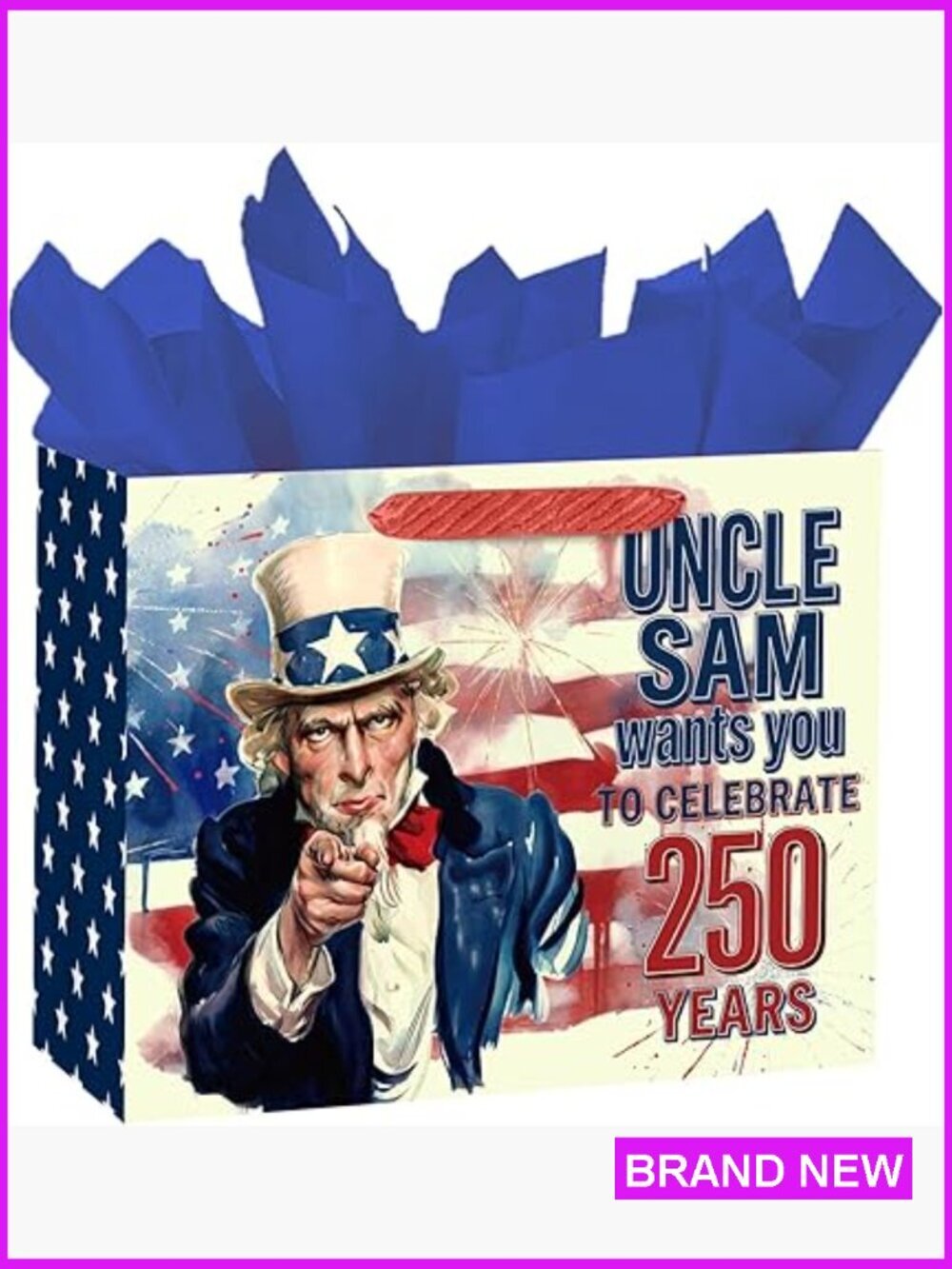 Large Patriotic Gift Bag Uncle Sam Design 250 Years Celebration with Tissue